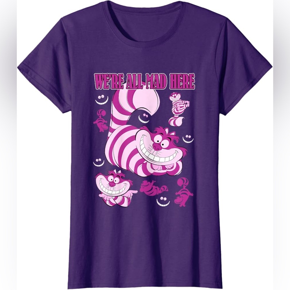 Purple Graphic Tee with Cheshire Cat Design